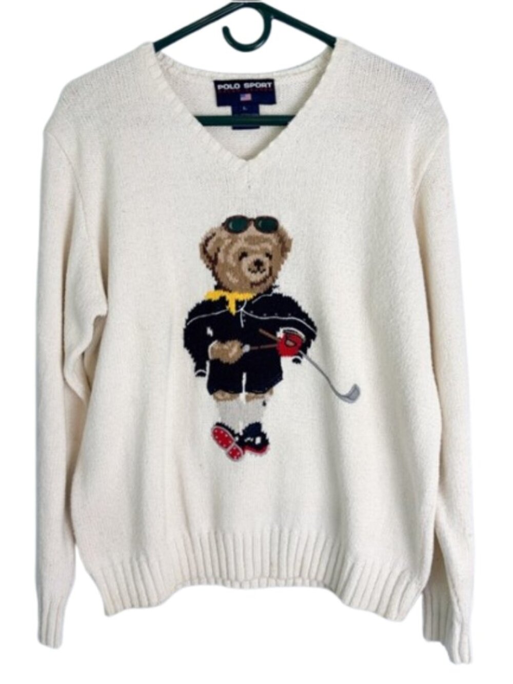 RALPH LAUREN POLO SPORT 90'S Vintage Golf Bear Knit V-Neck Sweater Sz Large Rare